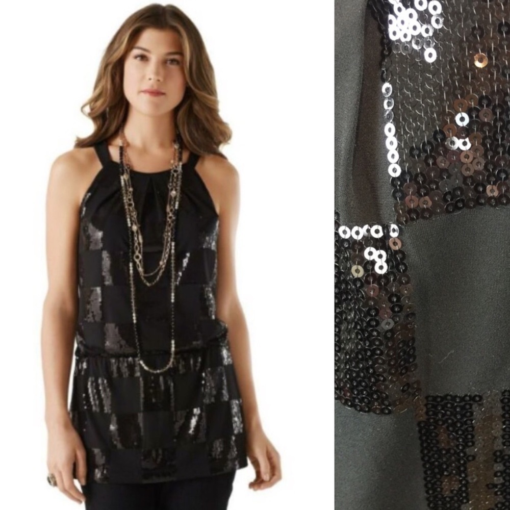White House Black Market Checker Sequin Tunic Top